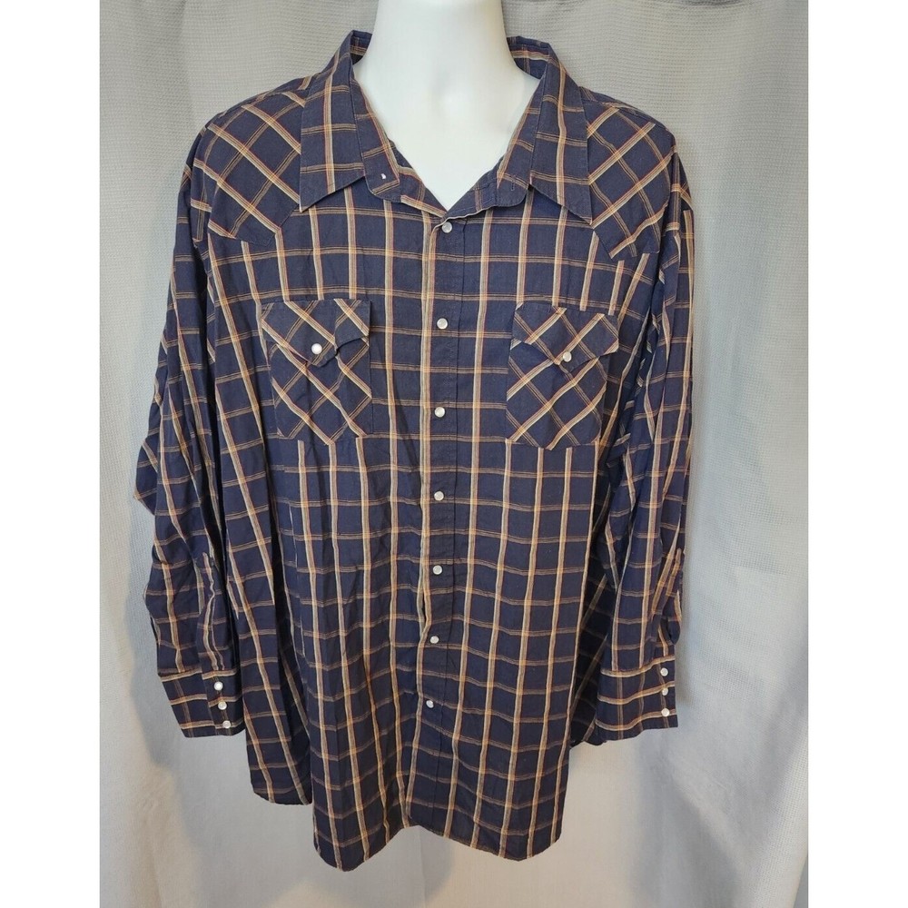 Ely Cattleman Men's 4XL Big Man Pearl Snap Button Down Blue Plaid Long Sleeve - Picture 1 of 6